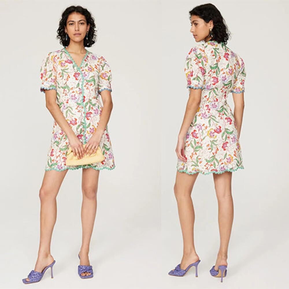 NWT Saloni Marlee Printed Linen Short Puff Sleeves Mini Dress Red Green Size: 10